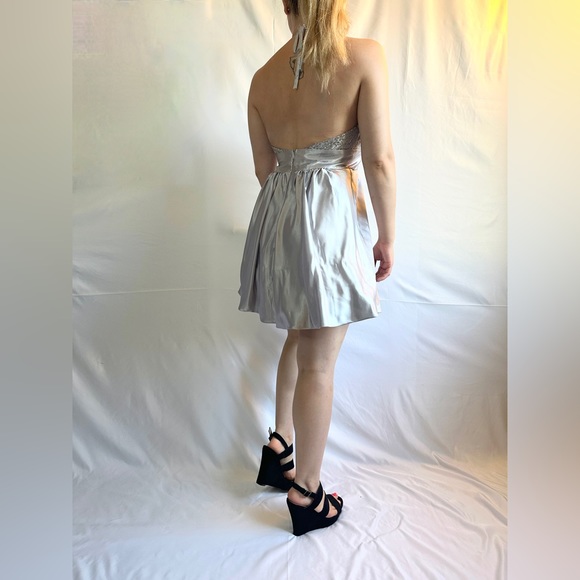 Fiesta Sparkly Glitter Silver Metallic Deep V Halter Mini Homecoming Dress - S - Picture 5 of 16